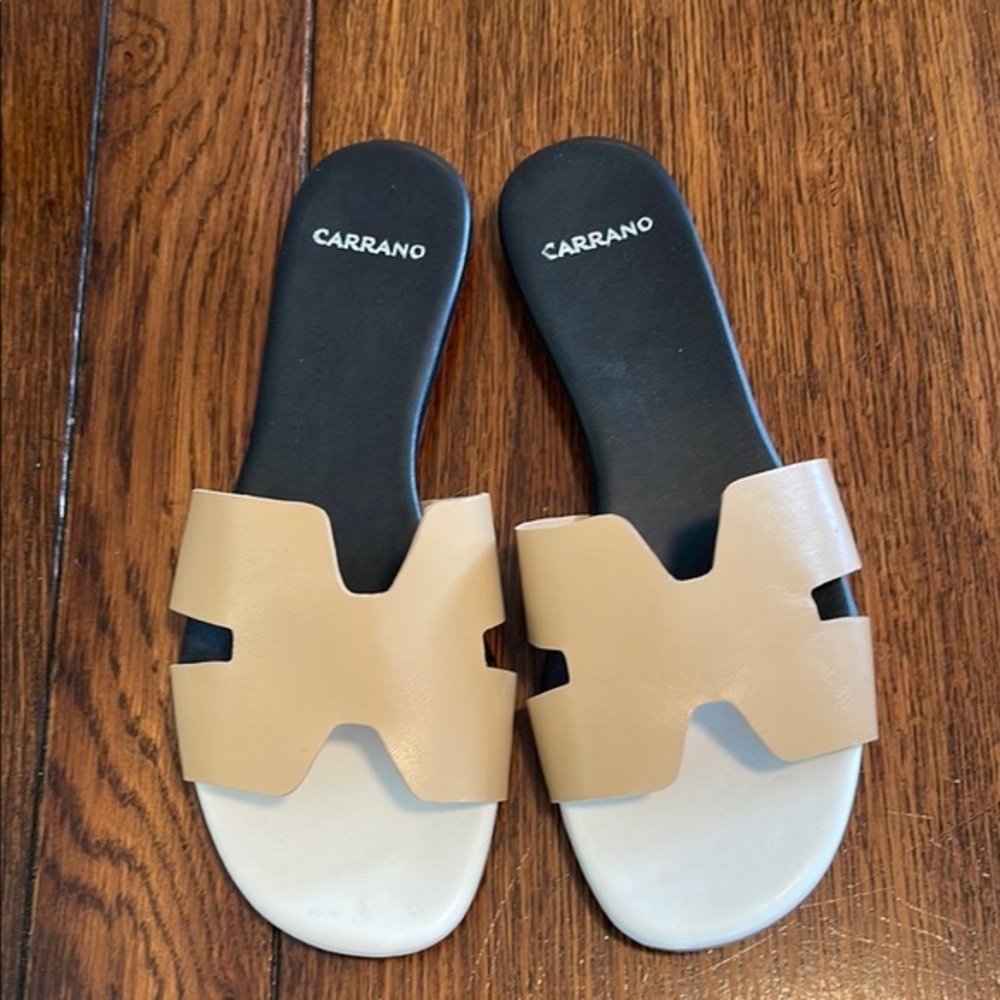 Caranno Black white Tan Faux Leather Slides Sandals 7 designer look boutique